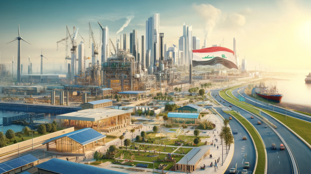A digital sign reading 'Stay in Iraq' promotes the country's progress and development, encouraging optimism and growth
